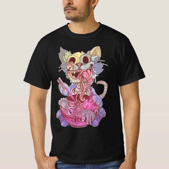 Camiseta Pastel Goth Aesthetic Kawaii Creepy Cat Eating Ram (Frente)