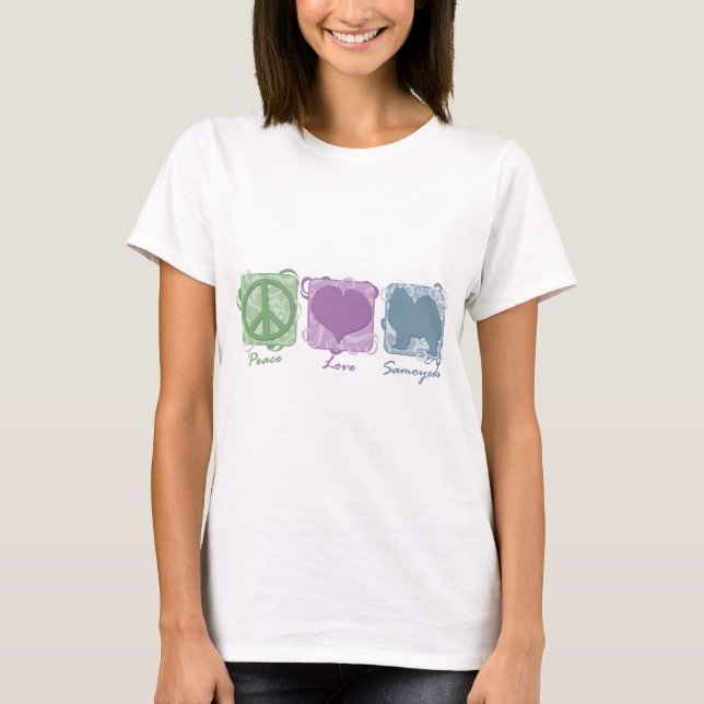 Camiseta Pastel Peace, Love e Samoyeds (Frente)