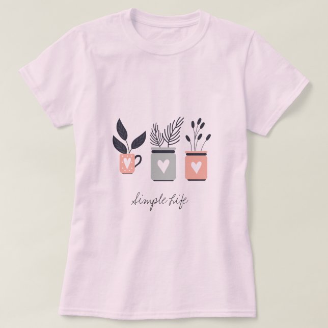 Camiseta Pastel, rosa e cinzas, plantas modernas potes (Frente do Design)