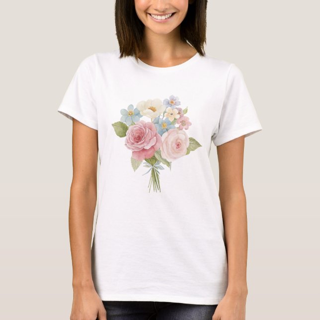 Camiseta Pastel Rose and Wildflower Watercolor Bouquet (Frente)