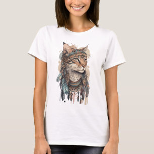 CAMISETA PASTEL WATERCOLOR BOHO CAT COM PENAS