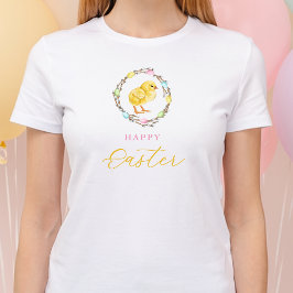 Camiseta Pastel Willow Wreath And Yellow Chick Happy Easter