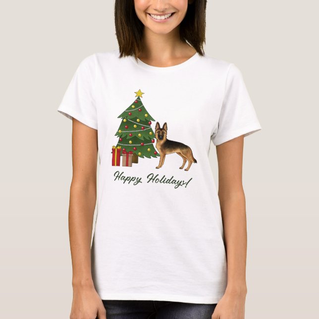 Camiseta Pastor Alemão Black And Tan E Uma Árvore De Natal (Frente)