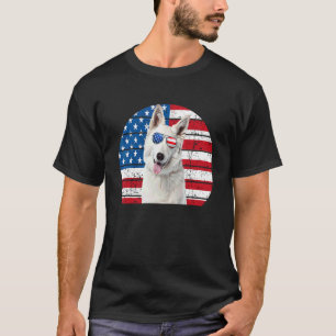 Camiseta Pastor Alemão Branco Bandeira Americana 4 de Julho