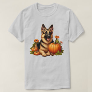 Camiseta Pastor Alemão Descansando Com Abóboras e Flores
