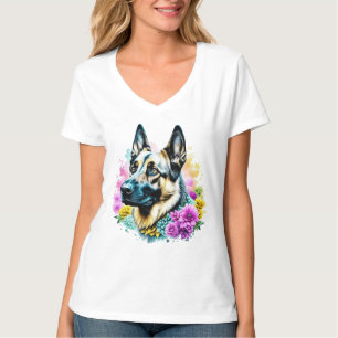 Camiseta Pastor Alemão em Flores Rosa e Amarelo