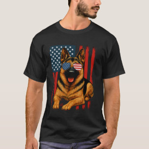 Camiseta Pastor Alemão Óculos de Sol Bandeira Americana Pat