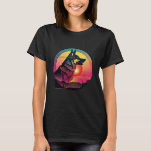 Camiseta Pastor Alemão Synthwave dos Anos 80 com uma Estéti