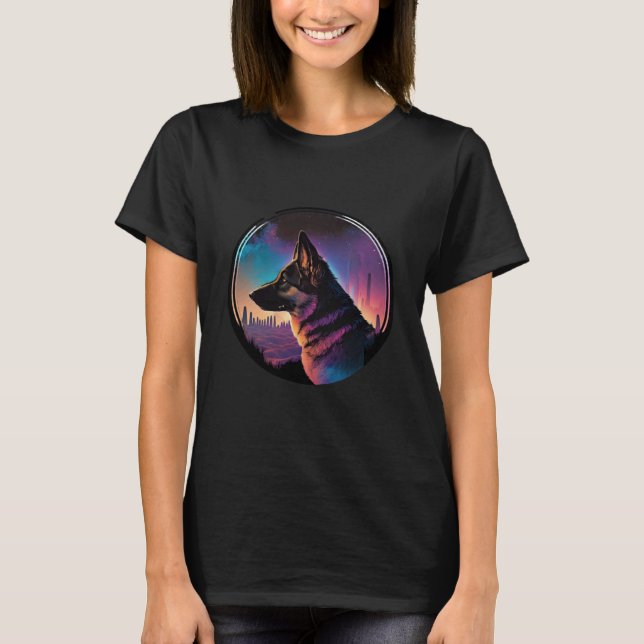 Camiseta Pastor Alemão Synthwave Vibrante com Estética dos  (Frente)
