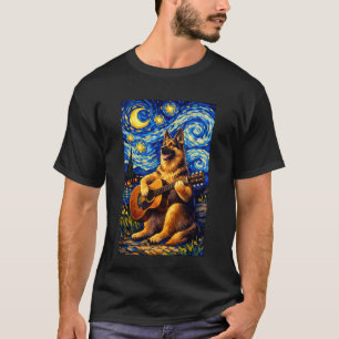 Camiseta Pastor Alemão Tocando Guitarra Arte Caprichosa Mús