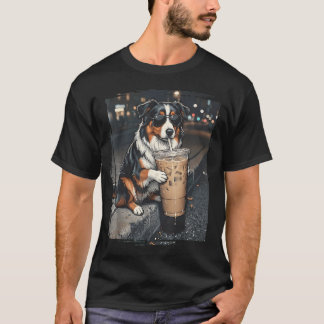 Camiseta Pastor Australiano Bebendo Café Gelado Engraçado