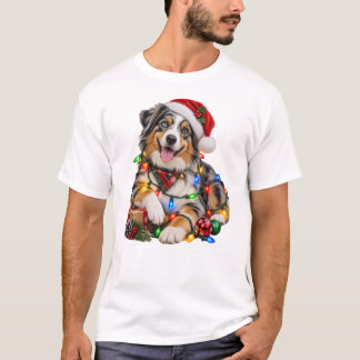 Camiseta Pastor Australiano de Natal Envolto em Luzes