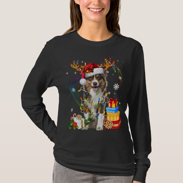Camiseta Pastor australiano Lights Santa Hat Sweater C (Frente)