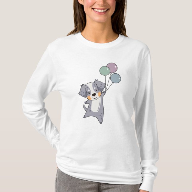 Camiseta Pastor Australiano Voa Com Balões (Frente)