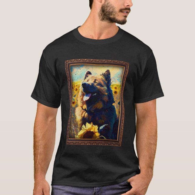 Camiseta Pastor caucasiano Pintando Flor de Girassol Mãe W (Frente)
