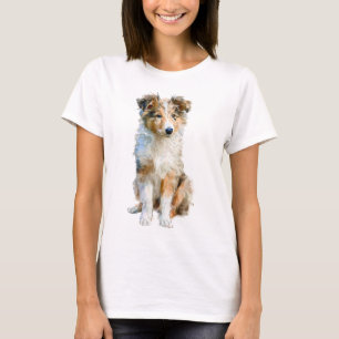 Camiseta Pastor de Shetland Aquarela Cachorrinho Mulheres