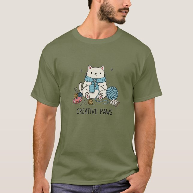 Camiseta Patas Criativas Gato Branco Tricô Roupas de Verão  (Frente)