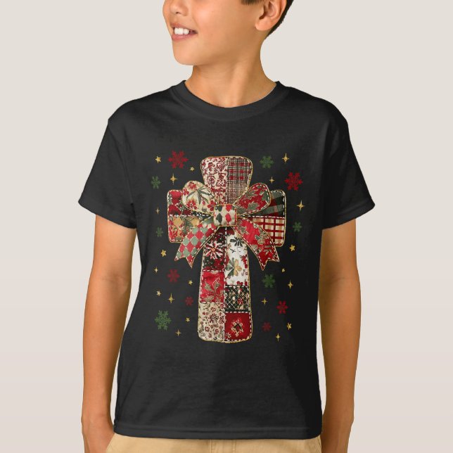 Camiseta Patchwork Cross Christian Christmas Coquette Bow  (Frente)