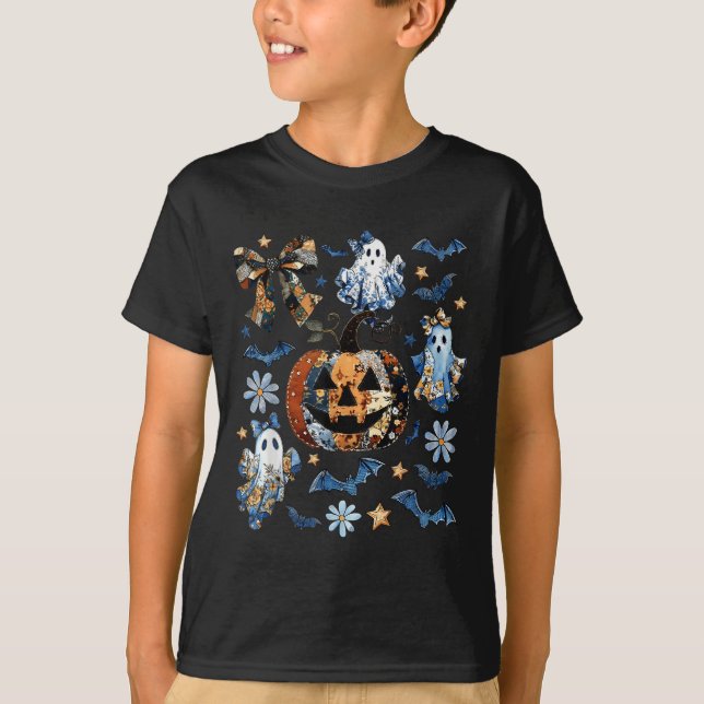 Camiseta Patchwork Floral de Denim Azul Pumpkin Ghost Coque (Frente)