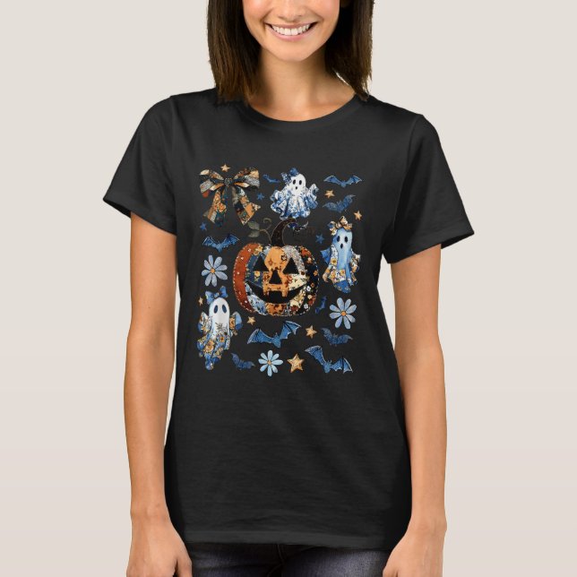 Camiseta Patchwork Floral de Denim Azul Pumpkin Ghost Coque (Frente)