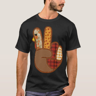 Camiseta Patchwork Peace Sign Turkey Hand Thanksgiving Fall