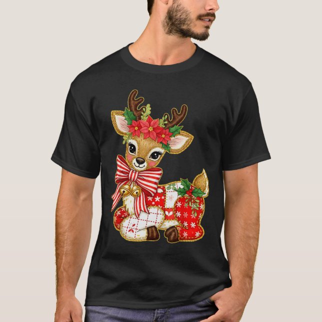 Camiseta Patchwork Reindeer Preppy Girly Christmas Xmas Hol (Frente)