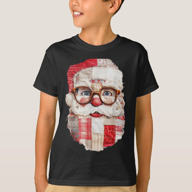 Camiseta Patchwork Santa Claus Face Preppy Girly Christmas  (Frente)