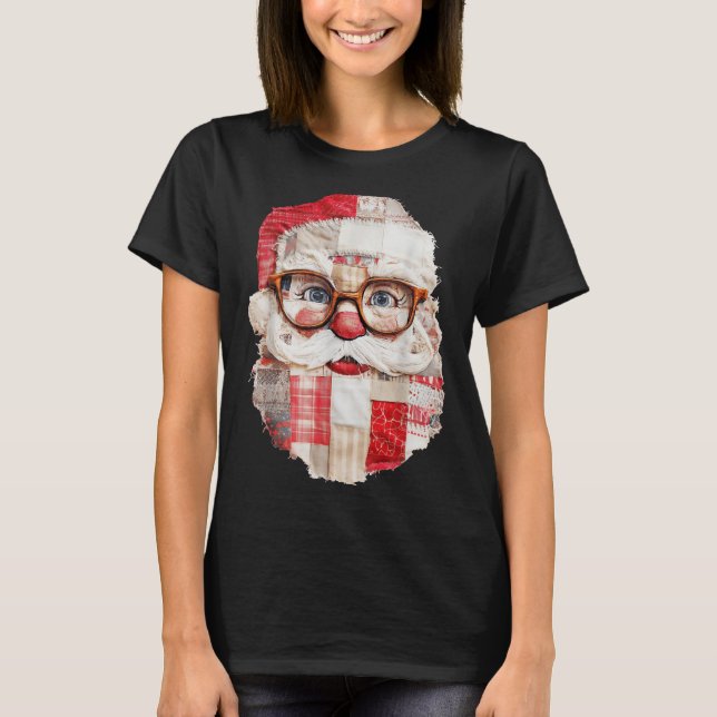 Camiseta Patchwork Santa Claus Face Preppy Girly Christmas  (Frente)