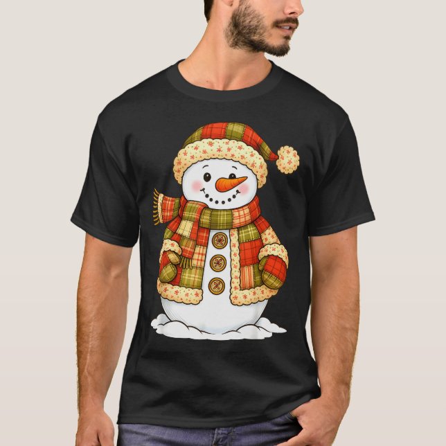 Camiseta Patchwork Snowman Retro Funny Snowman Holiday Chri (Frente)