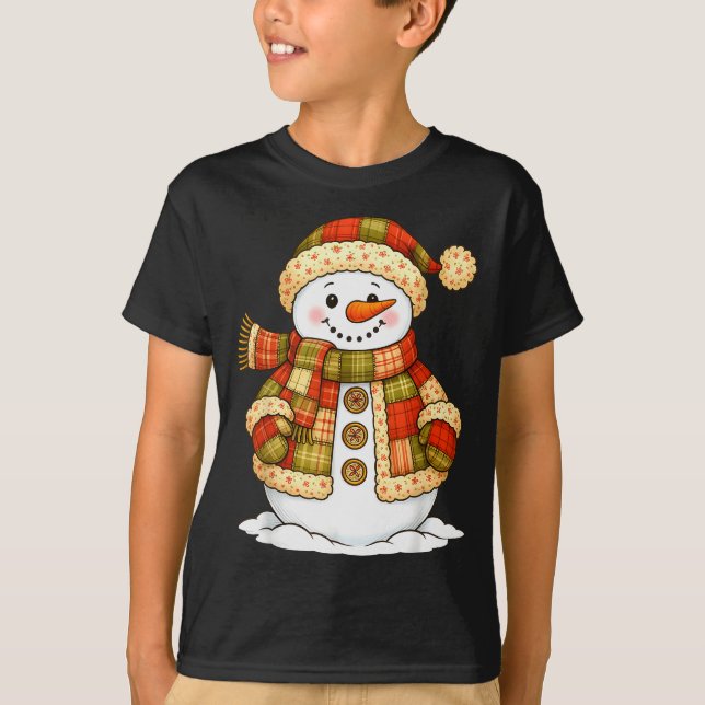 Camiseta Patchwork Snowman Retro Funny Snowman Holiday Chri (Frente)