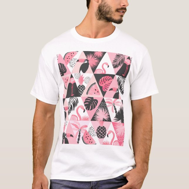 Camiseta Patchwork Tropical: Flamingo Watermelon Seamless. (Frente)