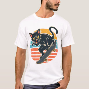 Camiseta Patinador Radical Gato Preto Pegando Ar Pôr do Sol