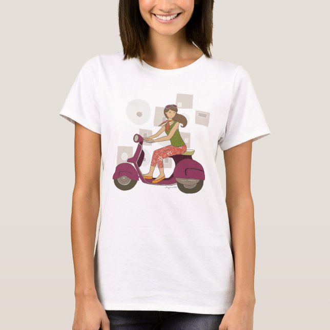Camiseta Patinete Irmã Cute Girl em uma moto roxa (Frente)