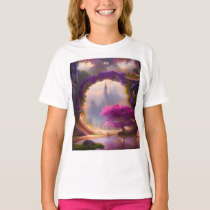Camiseta Pátio floral de fantasia com árvore rosa