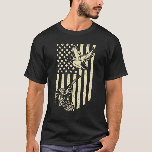 Camiseta Pato Caçador Americano Bandeira Caça às Aves Aquát (Frente)