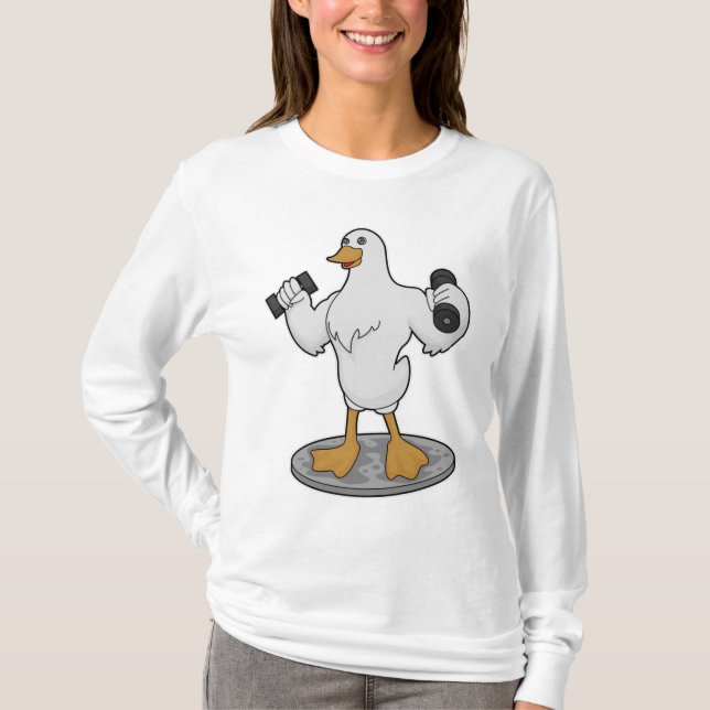 Camiseta Pato como Bodybuilder com Dumbbells (Frente)