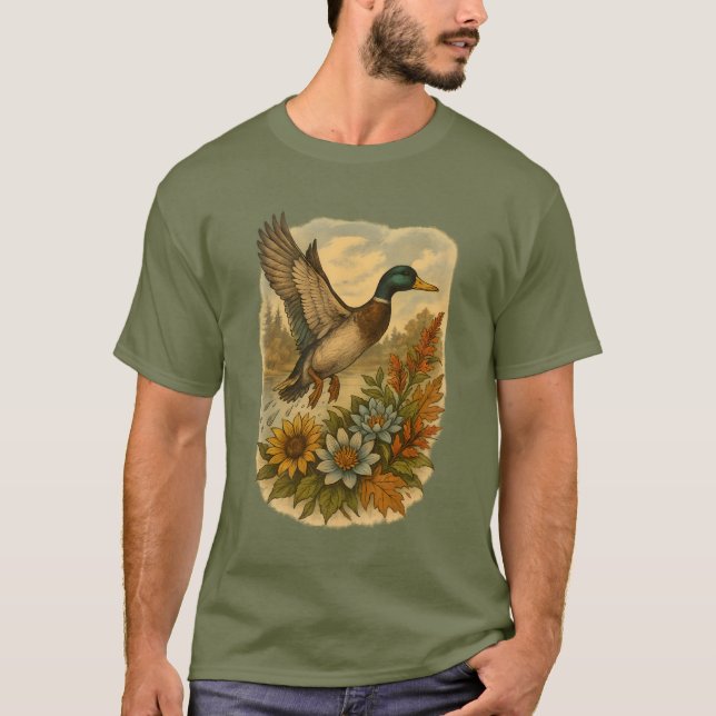Camiseta Pato de Flying Mallard com flores silvestres (Frente)