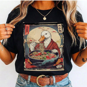 Camiseta Pato Engraçado Comendo Ramen Japonês para estudant