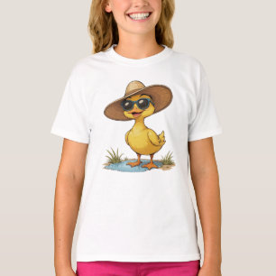 Camiseta Pato Engraçado Usando um Grande Chapéu de Sol e Óc