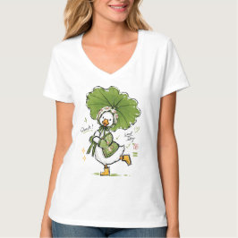 Camiseta Pato Fofo com Guarda-Chuva de Folha e Touca Floral