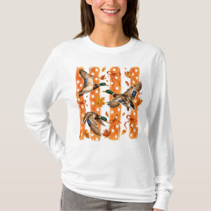 Camiseta Pato-marinho Voador Laranja Bolinhas Folhas de Out