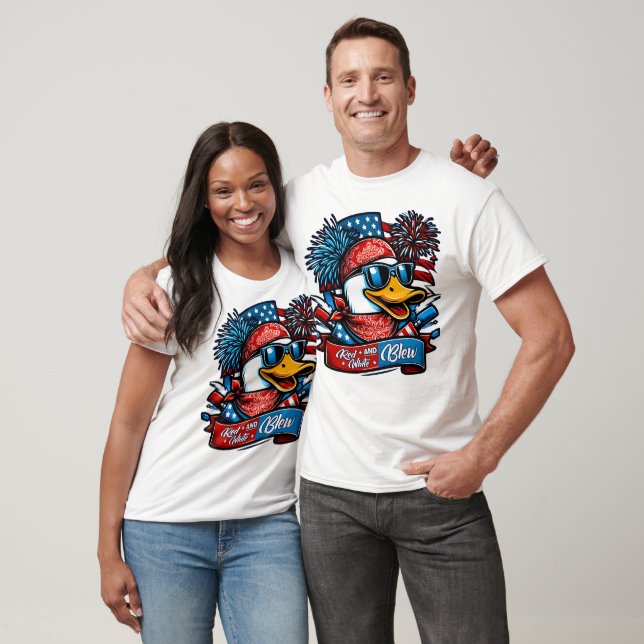 Camiseta Pato Vermelho Branco e Azul  (Unissex)