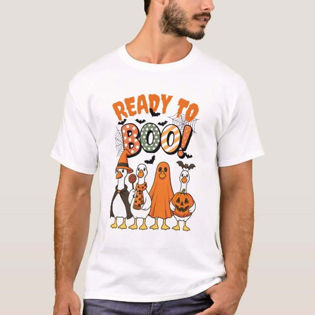 Camiseta Patos Engraçados Prontos para Boo Halloween (Frente)