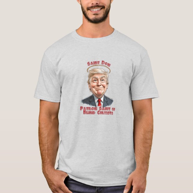 Camiseta Patrão Santo de Cultistas Cegos Fé, Divertimento,  (Frente)