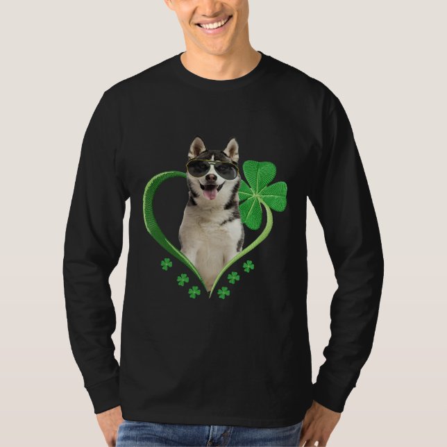 Camiseta Patrick Day Siberian Husky Dog Engraçado Shamrock (Frente)