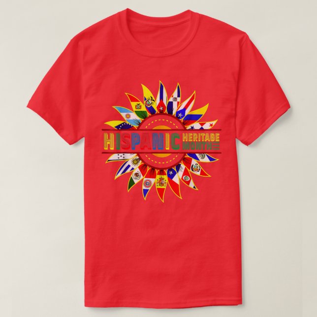 Camiseta Patrimônio Hispânico Mês Latino Flagres de Girasso (Frente do Design)
