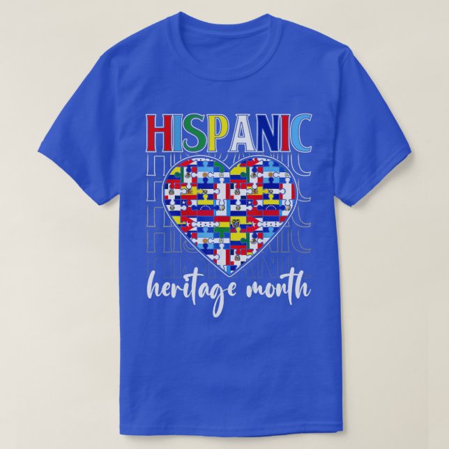 Camiseta Patrimônio Hispânico Mês Latino Países Coração Fla (Frente do Design)
