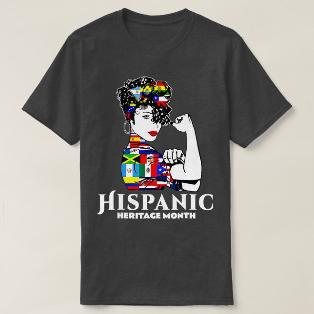 Camiseta Patrimônio Hispânico Mês Mulher Latino Países Fla (Frente do Design)