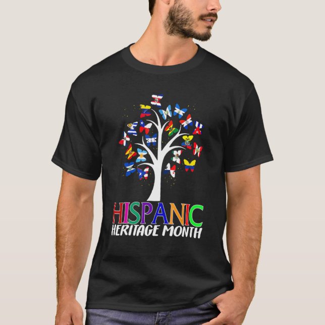 Camiseta Patrimônio Nacional Hispânico Mês Borboleta Árvore (Frente)