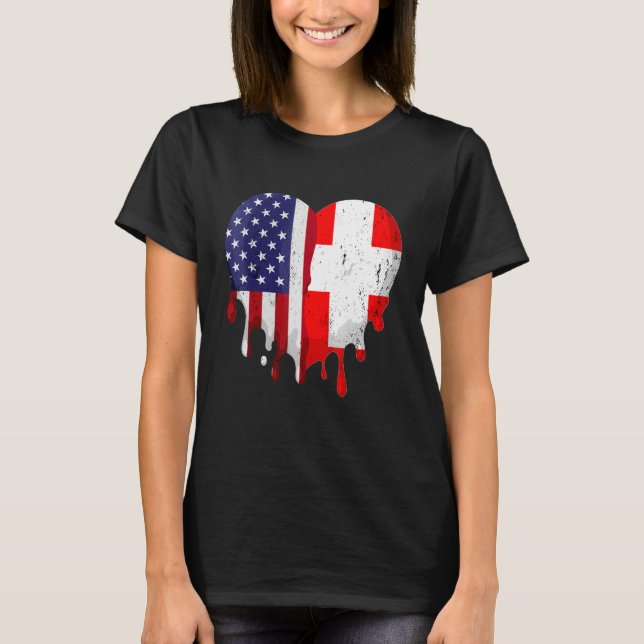 Camiseta Patrimônio Suiço Americano Bandeira de Suiça Mês H (Frente)